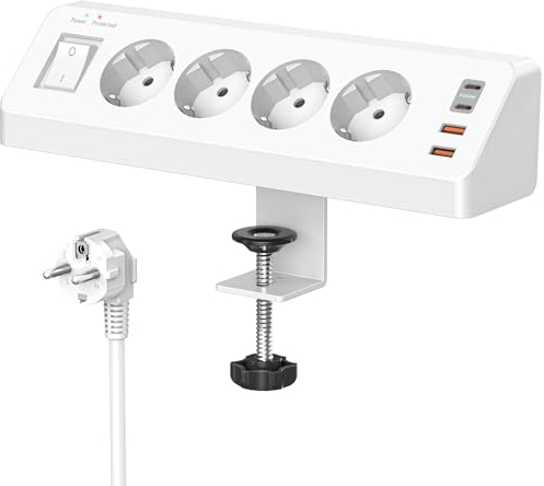 Tischsteckdose mit USB C (PD 20W), 8 in 1 Steckdosenleiste Schreibtisch mit Schalter, 4 Fach Mehrfachsteckdose 4 USB, Überspannungsschutz mit 2M Kabel für Zuhause Büro (Weiß)