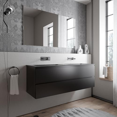 BERNSTEIN Badmöbel-Set Ava 140cm bestehend aus Mineralguss-Doppel-Waschbecken mit Unterschrank in Schwarz matt, Waschtisch CREAM - Schwarz matt ohne Hahnloch, Ideal für große Bäder