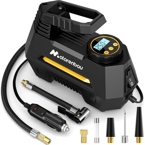 Motorenbau Compresseur Voiture Compresseur à Air Portatif Gonfleur Pneus Voiture 12V DC, Pompe de gonflage Rapide,avec Lampe LED,adapté aux Voitures, Motos, vélos, Ballons, bouées de Natation