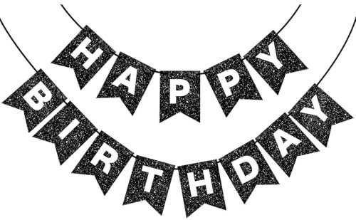 Black Glitter Happy Birthday Banner Sign for Backdrop Happy Birthday Decorations for Men Women Party Wall Door Bunting Banner Flag Tea Party Supplies