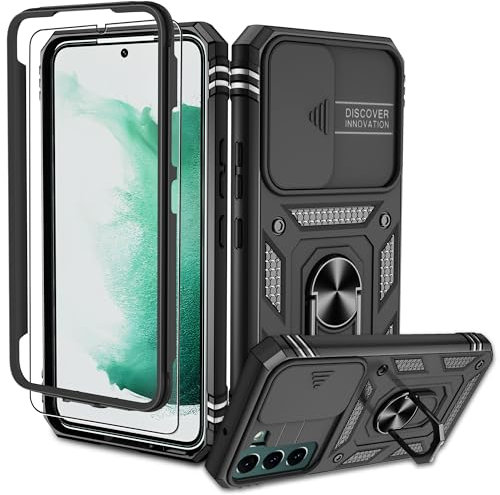 Pilaru für Samsung Galaxy S22 Hülle, S22 Kameraschutz Handyhülle mit 1 Stück Schutzfolie, 360° Drehhalter Ring Schutzhülle Militär Outdoor Stoßfest Kratzfest Handy Hüllen für Samsung S22-Schwarz