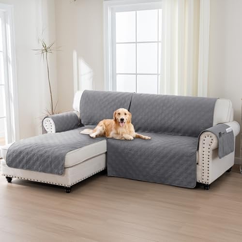BellaHills 100% Wasserdicht Sofabezug L Form (205cm), Ecksofa Sofa Überzug Pets Couch Überzug Anti-rutsch Sofaschutz, Ultra Weicher Sofaschoner mit Gummiband, Grau