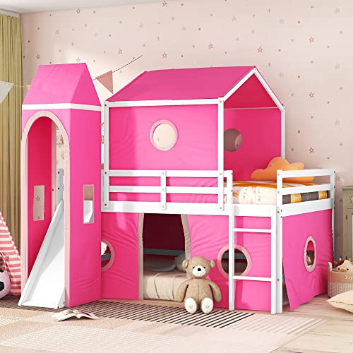 Tiiiopkvvv Full Size Bunk Bed with Slide, Tent and Tower, Rural Life Style Playhouse Design Castle Like Wood Bed e, No Box Spring Required, 93.8 L x 57.4 W x 74.8 H Blue (Full Size Full Size)