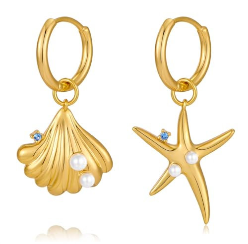 LILIE&WHITE Ohrringe Goldene Muschel- und Seestern-Ohrringe mit Perlen – Stilvolle Damenohrringe im Maritimen Design, Perfekt für Strandliebhaber und Besondere Anlässe