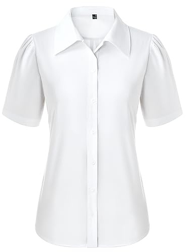 Gleeivy Button Down Shirts for Women Button Up Dress Shirts Puff Short Sleeve Collared Fitted Blouse Work Business Top White M