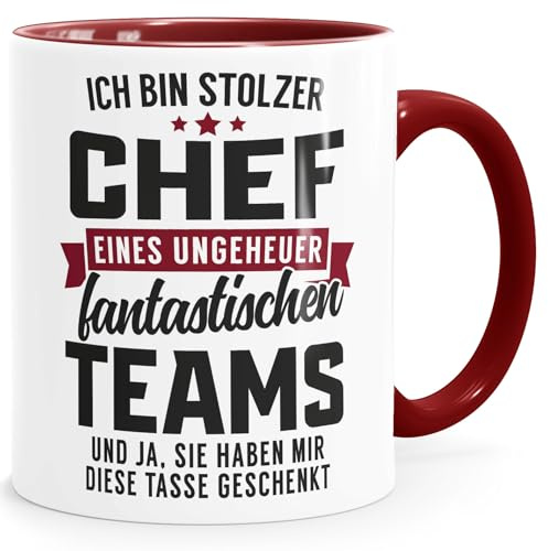 MoonWorks Tasse Spruch Stolzer Chef eines fantastischen Teams Geschenk Arbeitgeber Abteilungsleiter Bürotasse lustige Kaffeebecher Weiss-innen-bordeauxrot standard
