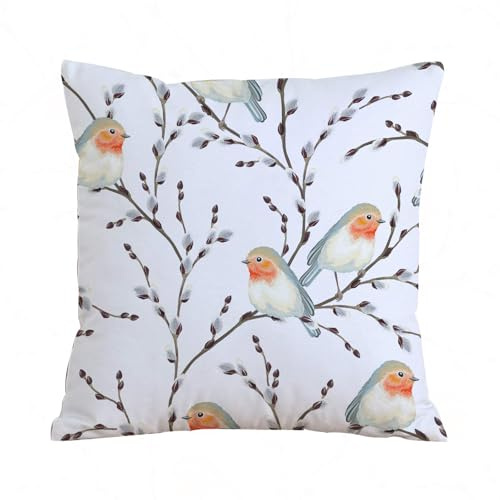 ERRTU Kissenbezug 40x40 cm,Nahtloses Muster aus Weidenzweigen und Vögeln, Rotkehlchen-Vektorillustration auf,Dekokissen Kissenbezüge Deko Kissen Bezug Wohnzimmer Zierkissen für Sofa Stuhl Bett Garten