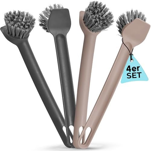 Nictario Spülbürste recycelt [4er Set] mit Nylonborsten und Schaber - spülmaschinenfeste Abwaschbürste in Premium Qualität - hygienische Küchenbürste (2 x Taupe / 2 x Anthrazit, Rund)