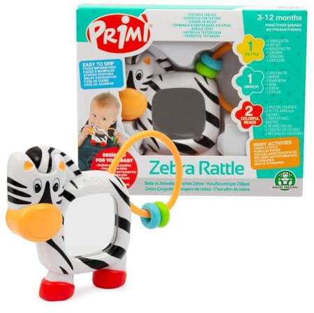 Primì - Zebra-Rassel für Babys, Kleinkindspielzeug mit Spiegel und Ringen, hilft bei visueller Stimulation, Koordination und Sinnlichkeit. Für Kinder von 3-12 Monaten