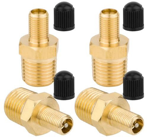 Gosknor 4pcs Adaptateurs de Gonflage d'air en Laiton, Standard 1/4 NPT (M) vers Valve Standard pour Schrader (M) Adaptateur de Gonflage Pneu avec 4 Capuchons pour Tuyau d'air Compresseur