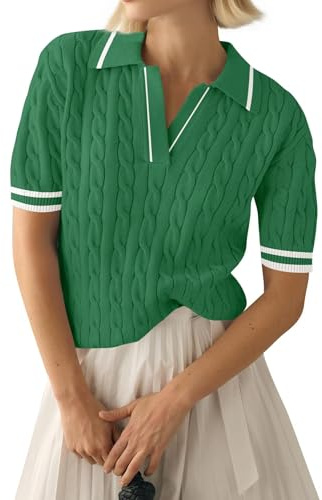 LACOZY Womens Tops Dressy Casual V Neck Short Sleeve T Shirt Lightweight Knit Sweater Polo Basic Outfits Green S