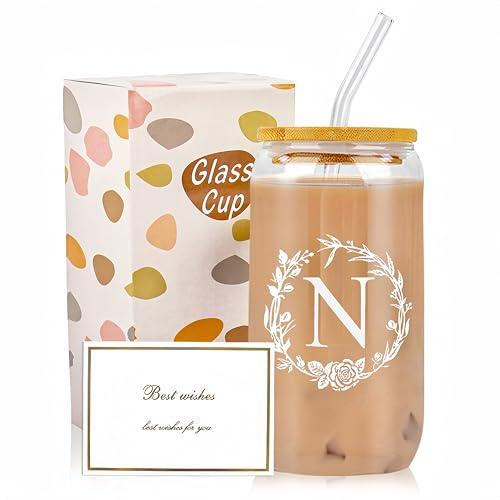 Dmnnlp A-Z Initial Personalised Gifts for Women, 16oz Iced Coffee Glass Cups with Lids, Straws, Brush & Card, Iced Coffee Birthday Gift Set for Women, Mum, Wife, Friends(N)