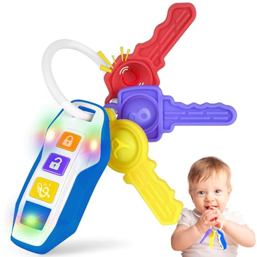 WixbFyn Juguete Llave Coche Bebé, Luz Música, 3 Mordedores Dentición 3+ | Efectos de sonido y luz interactivos, 3 llaves suaves, fácil de enganchar al cochecito, fomenta la motricidad fina