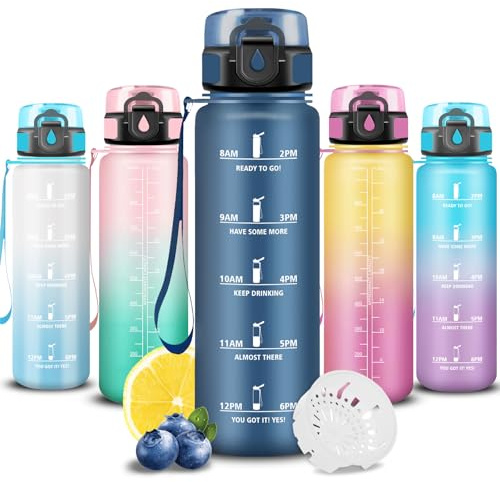 Grsta Trinkflasche, Trinkflasche 1l Kohlensäure Geeignet, Wasserflasche Auslaufsicher, Wasserflasche mit Zeitmarkierung und Uhrzeit, Leicht zu Reinigen, für Fitness, Schule, Fahhrad, Sport, Gym, Büro