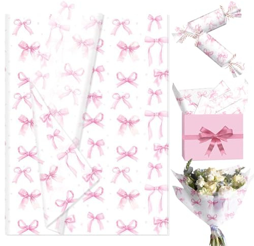 JeVenis Rosa Geschenkpapier mit Schleifenmuster zum Verpacken Geschenken | 50 Blatt Rosa Geschenkpapier mit Schleifenmuster zum Verpacken von Geschenken Dekoratives Geschenkpapier mit Schleifenmuster