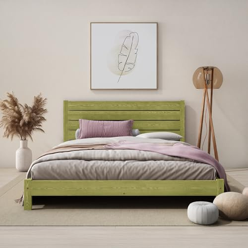 Nodax Super King Bed Frame – F15 Solid Pine Japanese-Inspired Low Wooden Bed Frame, Eco Colour Woodstain Option, Slatted Base with Extra Four Supportive Legs, Bedroom Furniture | 6ft (Avocado)