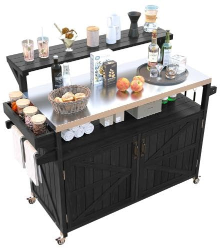 K&K 53.3 Outdoor Kitchen Island with Raised Shelf, Solid Wood Storage Cabinet with Stainless Steel Top, Outdoor Rolling Grill Cart with Internal Storage Rack, Adjustable Shelf, Spice Rack, Black