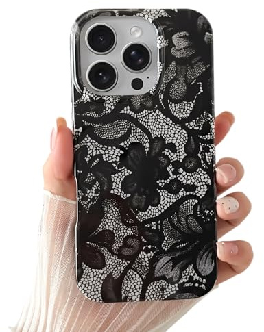 SmoBea iPhone 15 Pro Hülle, Schwarze Spitze Vintage-Muster, Weiches und Dünnes Stoßfestes TPU für Damen und Mädchen – Schwarz