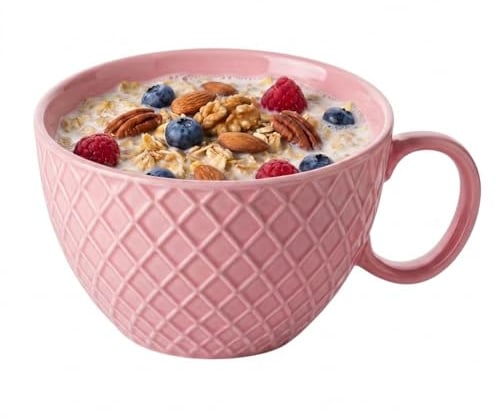 Large Coffee Mug 550ml, Ceramic Cereal Bowl with Handle,Geometric Embossed Soup Mug,Scandinavian Style Breakfast Cup,Microwave & Dishwasher Safe Jumbo Mug for Latte,Tea,Oatmeal,Porridge & Hot Drinks