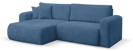 VENASI MÖBEL Ecksofa mit Schlaffunktion Roma, Blau Cordstoff | Sofa mit Bettkasten, Schlaffläche 125 × 200, inkl. Kissen & Aufbauanleitung