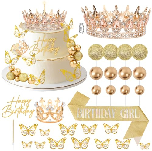 Gold Diamant Krone Tortendeko 29 Stück,Dekorationen mit Happy Birthday Cake Topper für Prinzessinnen Queen Party-Hochzeit-Dekorationen 3D Blitz Schmetterlings mit Kerzen und Bändern