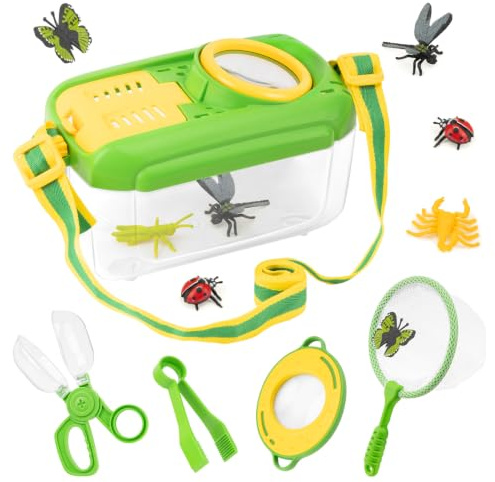 Funsland Juego de investigadores para niños a partir de 4, juego de exploradores con caja de observación de insectos, lupa de cristal para niños, atrapa insectos, 12 insectos falsos, red de mariposas