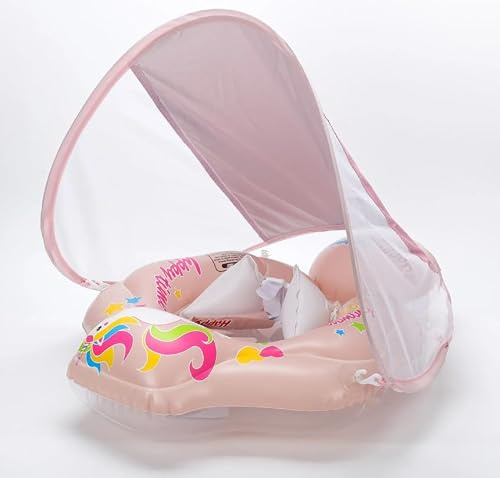 Bouée Bébé Piscine avec Pare-Soleil Amovible Anti UV UPF 50+ | Siège Gonflable Ajustable 3-12 Mois | Structure Anti-Renversement, Normes CE EN71 | Gonflage Pompe Incluse - Ally Kid Rose