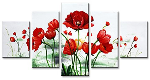 Visario 5533 Bilder auf Leinwand Bild 160 x 80 cm Korn Blumen rot und schwarz weiß fünfteilig