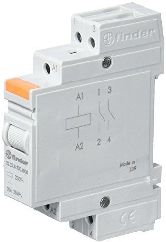 Finder Relè Monostabile Modulare 20 A. Dotato di interruttore bipolare 2 NO. Corrente nominale 20A. Tensione nominale/Max tensione commutabile 250/400 V AC. Montaggio su barra 35 mm