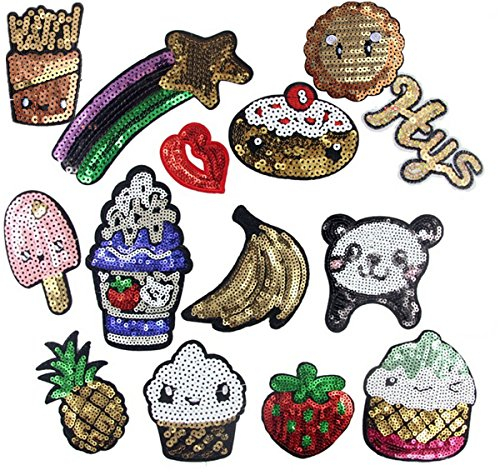 (Pack of 15)Ice Cream French Fries Banana Strawberry Bear Sequin Embroidered Appliques Sew or Iron on Patches