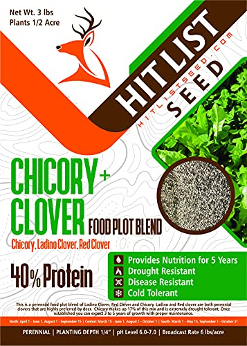 HIT LIST SEED® Chicory + Clover Food Plot Seeds for Deer [Perennial] - Deer Food Plot Seed Perennial - Deer Plot Seed Mix - Chicory, Ladino Clover, Red Clover - Spring, Summer & Fall Planting - 3 lbs