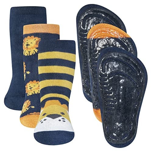 EWERS 3er-Pack Löwe Stoppersocken SoftStep, Socken mit Antirutschsohle für Jungen, Anti-Rutsch-Socken mit Gummisohle, MADE IN GERMANY, 3 Paar rutschfeste Kindersocken für Jungs, Größe 29-30