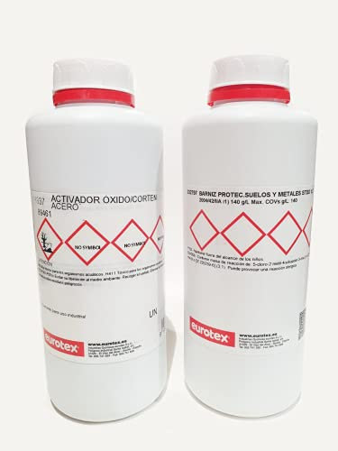 EUROTEX KIT ACERO CORTEN ACTIVADOR OXIDO + BARNIZ PROTECTOR METALES SATINADO (5 Litros, 5000 ml)