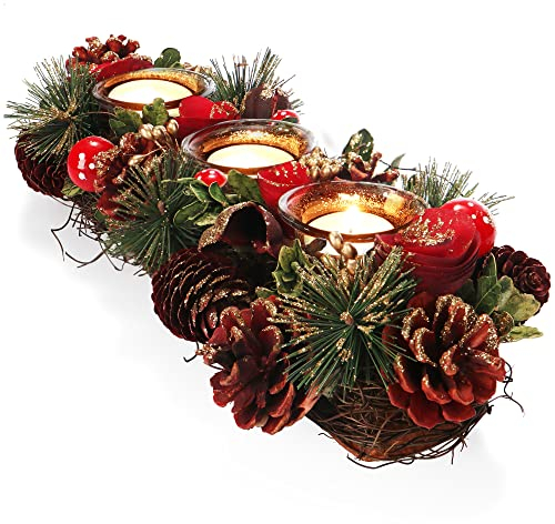 COM-FOUR® Teelichthalter - dekorativer Kerzenständer für Weihnachten und Herbst - Kerzenhalter mit natürlichen Materialien - Handarbeit (Adventsgesteck rote Blume - 3 Kerzen)