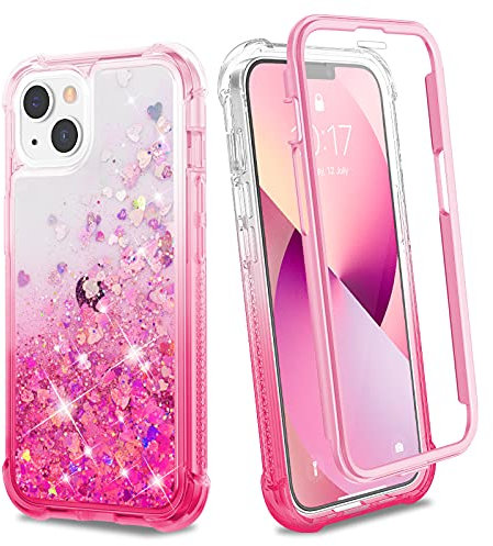 Ruky Case for iPhone 13 & iPhone 14, Full Body Glitter Liquid Case with Built-in Screen Protector Soft TPU Protective Girls Women Phone Case for iPhone 13 & iPhone 14 6.1”, Gradient Pink