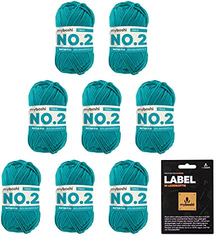 myboshi No.2 inkl. Label, Baumwolle zum Häkeln, Baby Wolle, vegane Wolle zum Stricken, Wolle 60 Grad waschbar, für Baby und Amigurumi, 50g, Ll 100m Blau (Türkis) 8 Knäuel