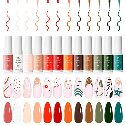 Beetles Gel Polish Nail Art Gel Liner Set - 12Pcs Popular White Orange Chocolate Brown Green Colors Thin Nail Art Brush Soak Off LED Lamp