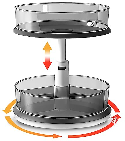 DIHUMK Lazy Susan Drehteller-Organizer mit 2 Etagen, für Medizinschrank, Flaschen, Speisekammer, Arbeitsplatte mit transparentem großem Gewürzregal, 27,9 cm, Grau