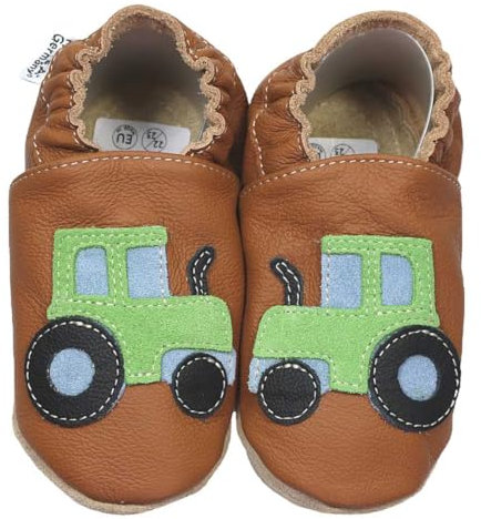 HOBEA-Germany Kitaschuhe Safestep, Kinderhausschuhe, Lederschuhe (Traktor braun, 28/29)