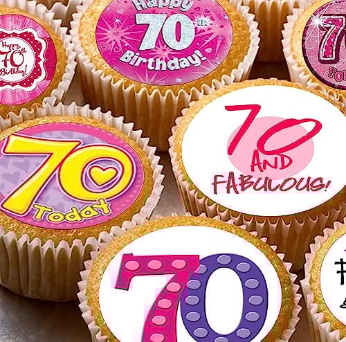 24 edible 70th birthday party pink Cupcake Cake Toppers Wafer Rice Paper precut decoration