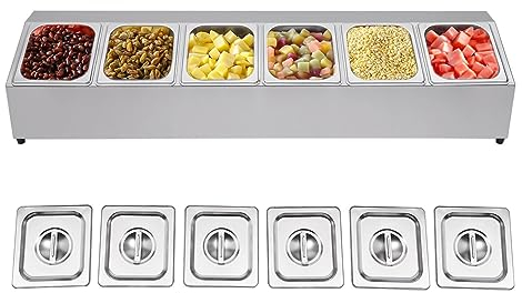 Contenedor de ingredientes de 6 rejillas, caja de ingredientes de acero inoxidable Recipiente gastro extraíble (2 litros x 6) para restaurantes, tiendas de leche, tiendas de frutas, para colocar todo
