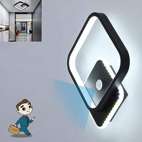 KZT Wandleuchte Modern Wandlampe mit Bewegungsmelder Innen Sensor lampe 6500K Kaltweiß Licht Quadrat Wandlicht für Flur Balkon Treppe Garage Innen Wandbeleuchtung 22CM