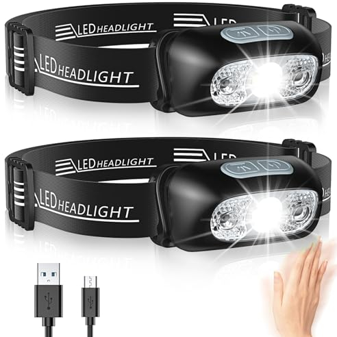 Glangeh Kopflampe LED Wiederaufladbar, Angelbeleuchtung mit Bewegungssensor & 5 Lichtmodi, IPX6 Wasserdicht, 1200 mAh Akku Kopflampe Beleuchtung für Joggen Laufen Campen Angeln Wandern Handwerker