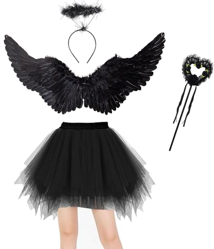 4 piezas de disfraces de ángel señoras conjunto 80CM alas de ángel negro adulto ángel diablo hada traje de tul falda con halo varita mágica para el carnaval de Halloween cosplay disfraz de disfraces