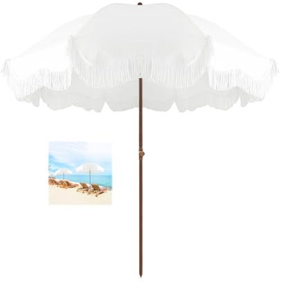 ELZEM 180cm Grand Parasol De Jardin Exterieur Blanc Parasol Plage Anti Uv Inclinable Parasol De Plage Avec Frange Parasol De Terrasse Hauteur Réglable Pour Balcon Patio Terrasse/Sac De Transport