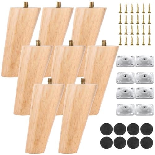 VIDETOL 10cm Wooden Furniture Legs Set of 8, Nature Solid Wooden Sofa Legs, Sofa Replacement Feet with Mounting Plate & Screws for Cabinet, Bed, Chair, Sofa, Dresser Table and TV Stand