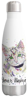 Vixar Kitten grey Personalised Custom Bottle with your Text/name Watercolour cat Animals Bottle Double Wall Insulated Stainless Steel Sport Drinks 500ml