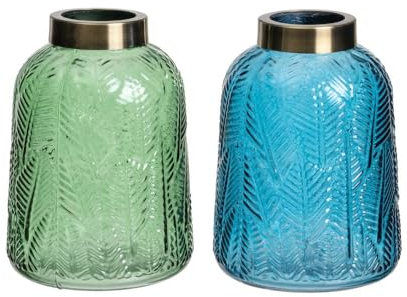 LOLAhome Set de 2 jarrones con Tallado de Hojas de Cristal Azul y Verde