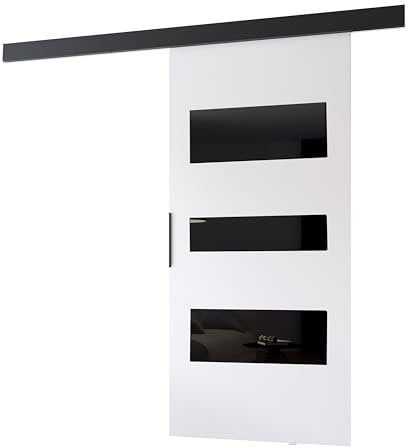 MINIO go for it - Schiebetüren 96 cm, Schiebetür Zimmertür PRIM C, Schiebetürsystem für Zimmer, Dekorative Elemente, Wandmontage, Türe Innen - Schwarz/Schwarzer Griff, Weiss/Schwarz