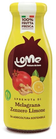Lome Spremuta di Melagrana Zenzero e Limone 12 Bottiglie in Vetro da 200 ml 100% Frutta Fresca da Agricoltura Sostenibile